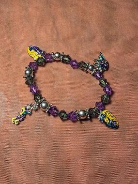 Mardi Gras Purple Bead Charm Bracelet with Charms